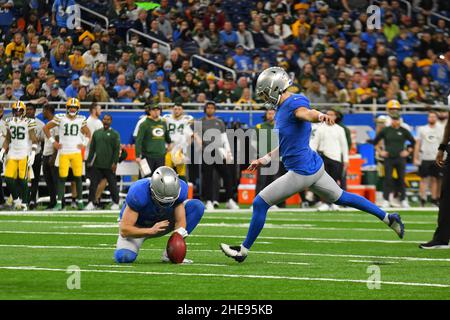 Detroit Lions punter Jack Fox (3) kicks off against the Seattle Seahawks  during an NFL football game at Ford Field in Detroit, Sunday, Sept. 17,  2023. (AP Photo/Rick Osentoski Stock Photo - Alamy