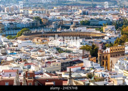 The Plaza de toros de la Real Maestranza de Caballería de Sevilla, the largest bullfighting ring in Spain seen from the Giralda Tower in Seville Spain Stock Photo