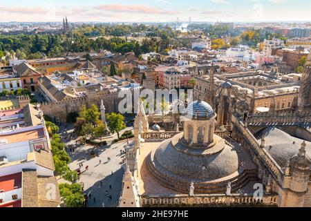 View of the Barrio Santa Cruz old town area from the Giralda Tower of the Seville Cathedral. Stock Photo