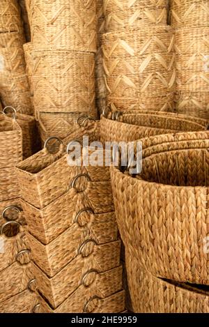 Handicraft pots and baskets made from natural materials hyacinth plants Stock Photo