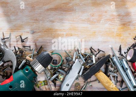 Construction tools on wooden background Stock Photo