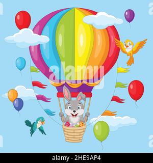 Cute little bunny and easter eggs flying in hot air balloon Stock Vector