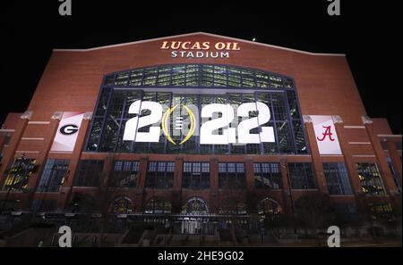 Indianapolis, United States. 09th Jan, 2022. Lucas Oil Stadium sits ready to host the Georgia Bulldogs and Alabama Crimson Tide in the College Football Playoff National Championship Game in Indianapolis, Indiana on Sunday, January 9, 2022. The game will be played Monday, January 10. Photo by Aaron Josefczyk/UPI Credit: UPI/Alamy Live News Stock Photo
