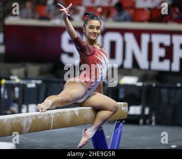 Norman, OK, USA. 9th Jan, 2022. during the NCAA gymnastics meet between the Alabama Crimson Tide and the Oklahoma Sooners at the Lloyd Noble Center in Norman, OK. Kyle Okita/CSM/Alamy Live News Stock Photo