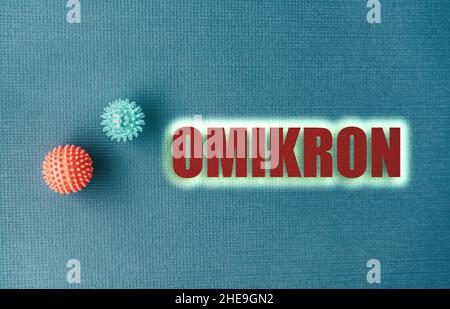 OMIKRON variant different from previous coronavirus. Blue ackground text sign. Omicron written in greek Stock Photo