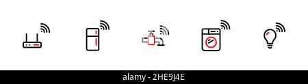 Internet of things. Smart house appliances icons. Wifi router, refrigerator, faucet, washing machine and light bulb. Pixel perfect, editable stroke Stock Vector