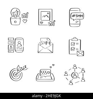 SMM social media marketing and content management related icons. Hand-drawn sketch icons Stock Vector