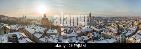 Aerial panorama view of Lviv at sunrise, Ukraine Stock Photo