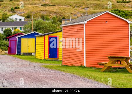 colourful fishing huts, Winterton, Avalon Peninsula, Newfoundland, Canada. Stock Photo