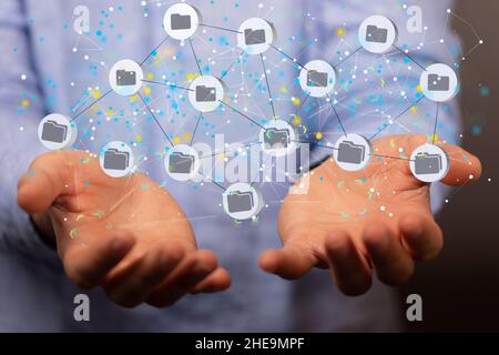 Shallow focus of human hands holding interconnected file icons, cloud computing and big data concept Stock Photo