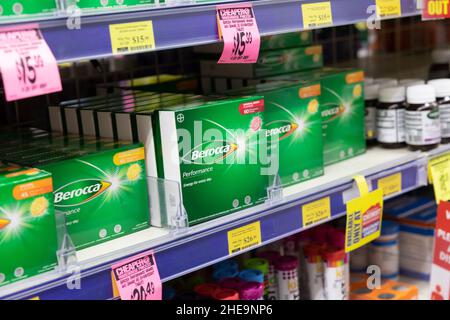 Berocca performance vitamins and energy tablets on sale in an australian chemist pharmacy. Stock Photo