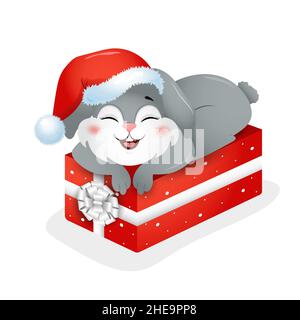 Year of rabbit. Christmas bunny in Santa hat on gift box. Chinese New year 2023 symbol. Vector illustration in cartoon style. Design element for Stock Vector