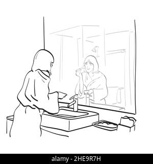line art young woman using cosmetics in bathroom illustration vector hand drawn isolated on white background Stock Vector