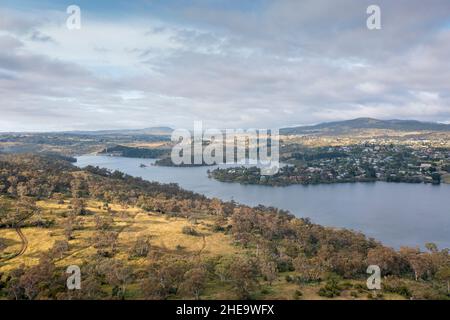Drone aerial photograph of the town of Jindabyne with Lake Jindabyne in the foreground in the Snowy Mountains in New South Wales in Australia Stock Photo
