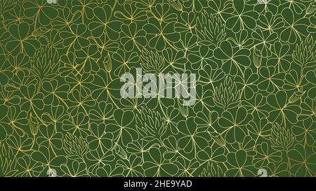 Luxury elegant line art background golden clover leaves and flowers on olive green Stock Vector