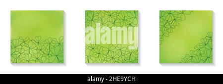 Set of square blurred green frames with copy space for social media posts clover leaves and flowers line art Stock Vector