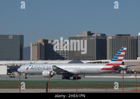 American Airlines Boeing 777-323(ER) with registration N735AT shown landing at LAX, Los Angeles International Airport. Stock Photo