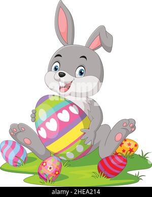 Cute little bunny with Easter egg in the grass Stock Vector