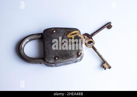 Vintage lock with three keys Stock Photo