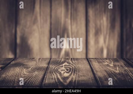Wood background - table with wooden wall. Wooden table background. Empty display. Stock Photo