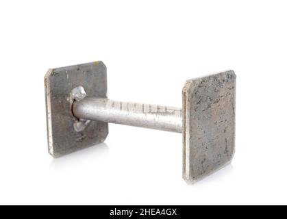 metal dumbbell in front of white background Stock Photo