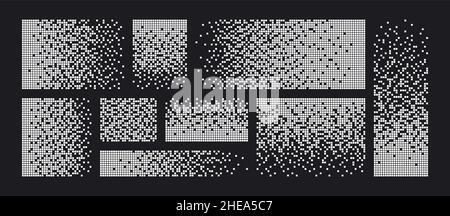 Pixel disintegration background. Decay effect. Dispersed dotted pattern. Concept of disintegration. Set pixel mosaic textures with simple square Stock Vector