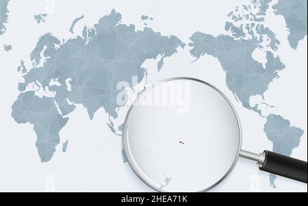 Asia centered world map with magnified glass on Samoa. Focus on map of Samoa on Pacific-centric World Map. Vector illustration. Stock Vector
