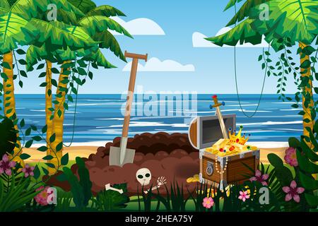 Treasure tropical Island, drug treasure pit, from the ground, ancient pirate treasure chest, scull, exotic plants, palms, sea, ocean, clouds. Sea Stock Vector