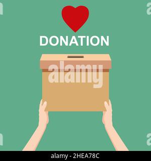 Hand hold Donation Box with hed heart, money. Depositing in a paper container with text banner donation. Vector illustration Stock Vector