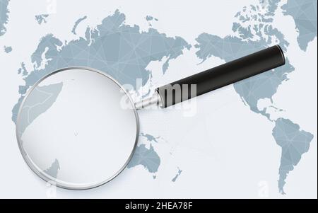 Asia centered world map with magnified glass on Seychelles. Focus on map of Seychelles on Pacific-centric World Map. Vector illustration. Stock Vector