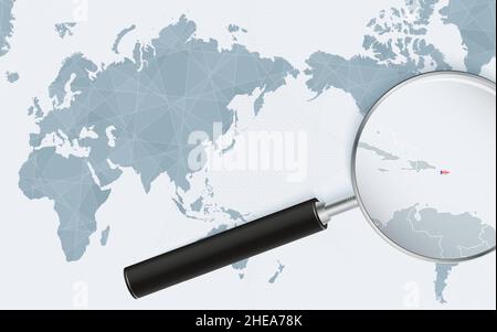 Asia centered world map with magnified glass on Puerto Rico. Focus on map of Puerto Rico on Pacific-centric World Map. Vector illustration. Stock Vector