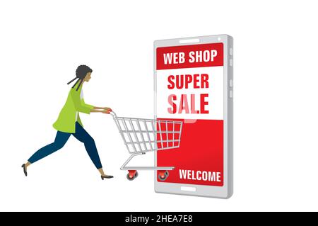 Woman with shopping chart, trolley running in to web shop. Vector illustration. EPS10. Stock Vector