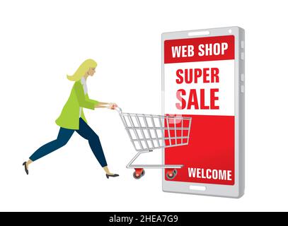 Woman with shopping chart, trolley running in to web shop. Vector illustration. EPS10. Stock Vector