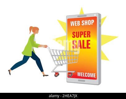 Woman with shopping chart, trolley running in to web shop. Vector illustration. EPS10. Stock Vector