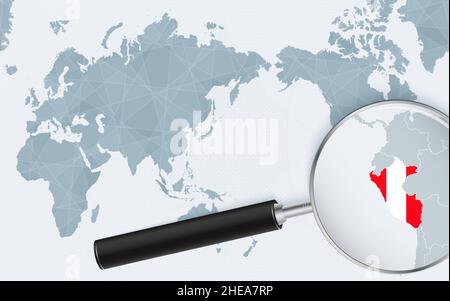 Asia centered world map with magnified glass on Peru. Focus on map of Peru on Pacific-centric World Map. Vector illustration. Stock Vector