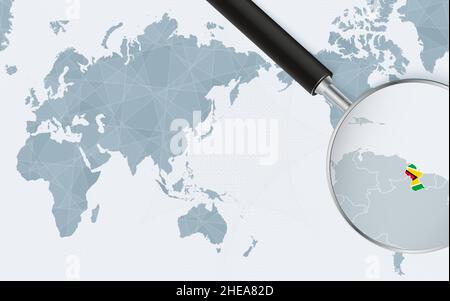 Asia centered world map with magnified glass on Guyana. Focus on map of Guyana on Pacific-centric World Map. Vector illustration. Stock Vector