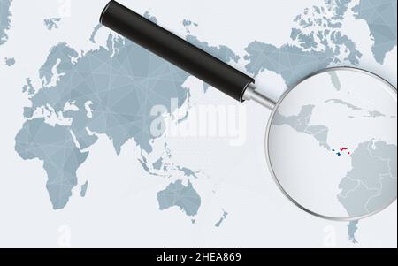 Asia centered world map with magnified glass on Panama. Focus on map of Panama on Pacific-centric World Map. Vector illustration. Stock Vector