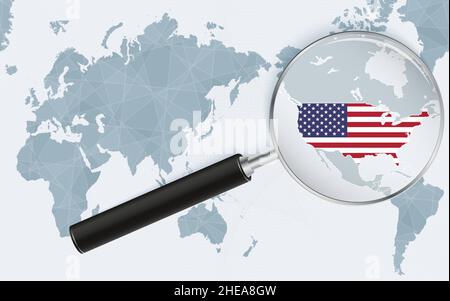 Asia centered world map with magnified glass on USA. Focus on map of USA on Pacific-centric World Map. Vector illustration. Stock Vector