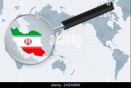 Asia centered world map with magnified glass on Iran. Focus on map of Iran on Pacific-centric World Map. Vector illustration. Stock Vector