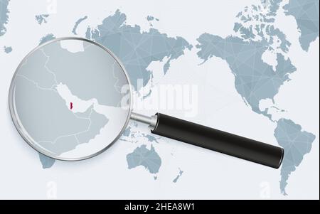Asia centered world map with magnified glass on Qatar. Focus on map of Qatar on Pacific-centric World Map. Vector illustration. Stock Vector