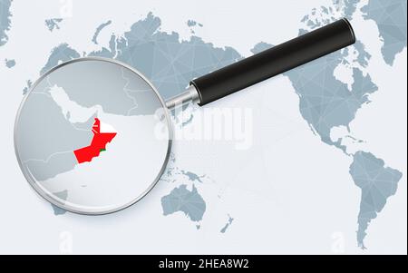 Asia centered world map with magnified glass on Oman. Focus on map of Oman on Pacific-centric World Map. Vector illustration. Stock Vector