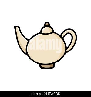 Doodle traditional hand drawn teapot. Beige Kettle isolated on white background. Cozy kitchen utensils, cute kitchenware, dishes for tea, coffee, drin Stock Vector