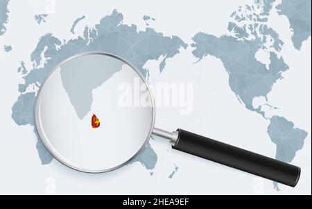 Asia centered world map with magnified glass on Sri Lanka. Focus on map of Sri Lanka on Pacific-centric World Map. Vector illustration. Stock Vector