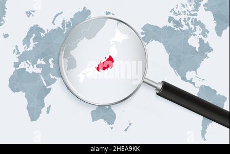 Asia centered world map with magnified glass on Japan. Focus on map of Japan on Pacific-centric World Map. Vector illustration. Stock Vector