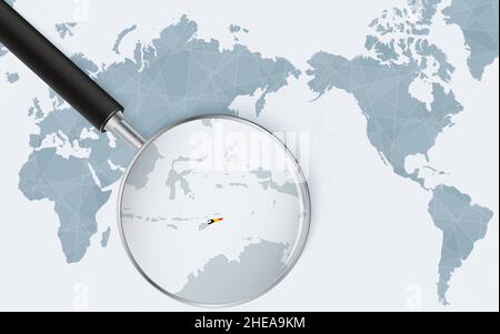 Asia centered world map with magnified glass on East Timor. Focus on map of East Timor on Pacific-centric World Map. Vector illustration. Stock Vector