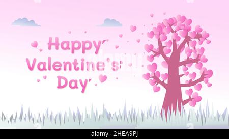 Cute Valentine's Day Banner With Editable Text Style. Greeting Card With Sweet Anime Cartoon Landscape View Concept With Tree Of Love Element Stock Vector