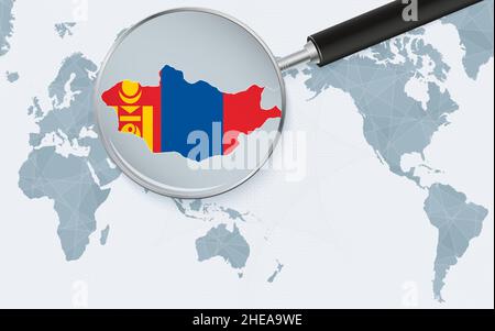 Asia centered world map with magnified glass on Mongolia. Focus on map of Mongolia on Pacific-centric World Map. Vector illustration. Stock Vector