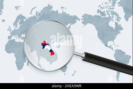 Asia centered world map with magnified glass on Laos. Focus on map of Laos on Pacific-centric World Map. Vector illustration. Stock Vector