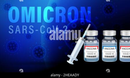 Omicron COVID-19 vaccine bottles and syringe, blue web banner. Covid vaccines have to be updated for new SARS-CoV-2 (B.1.1.529). Text Omicron Stock Vector