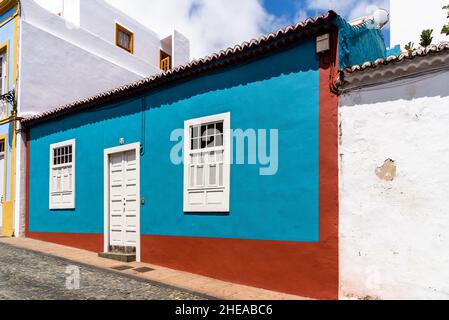 Santa Cruz de La Palma, Spain - August 13, 2021: Traditional colonial architecture of Canary islands with colorful houses. San Telmo Street in the qua Stock Photo